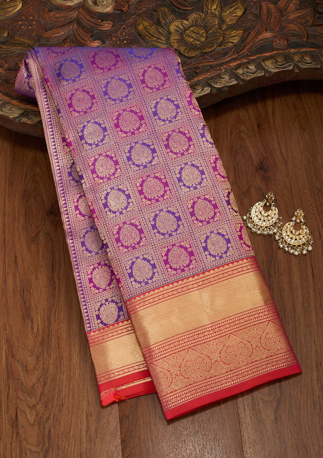 Purple Silk Checks Saree With Matching Blouse Piece