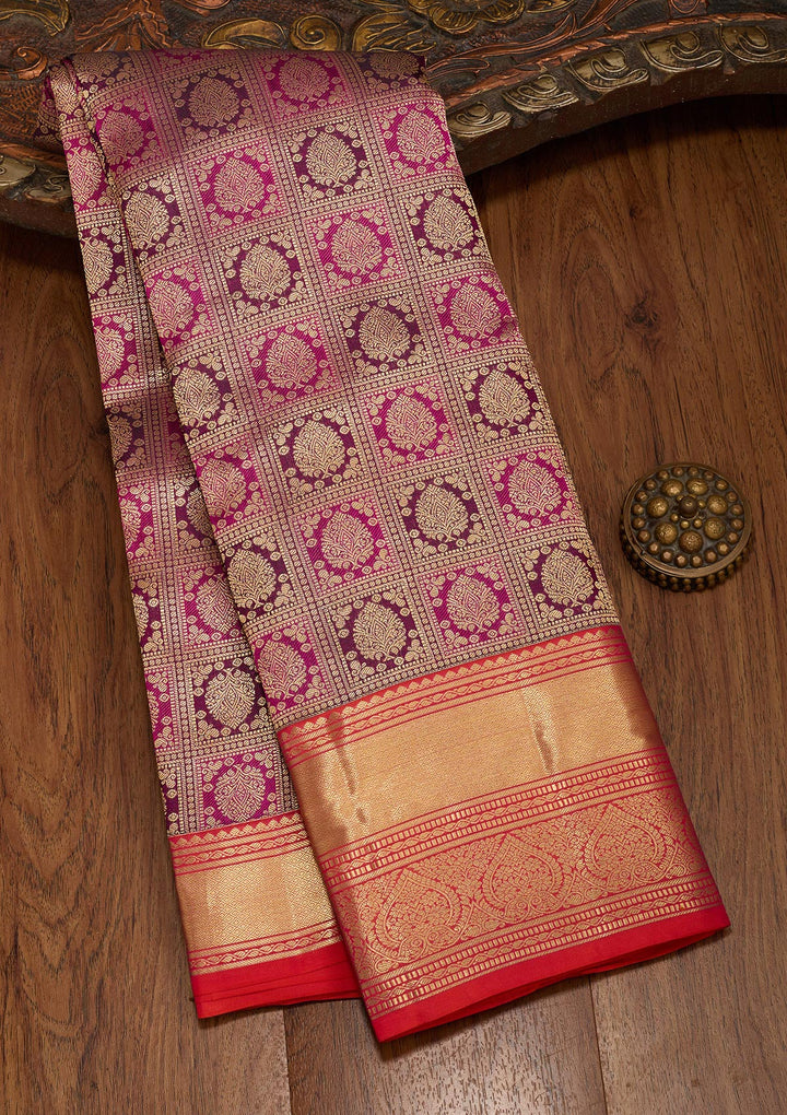 Wine Silk Checks Saree With Matching Blouse Piece