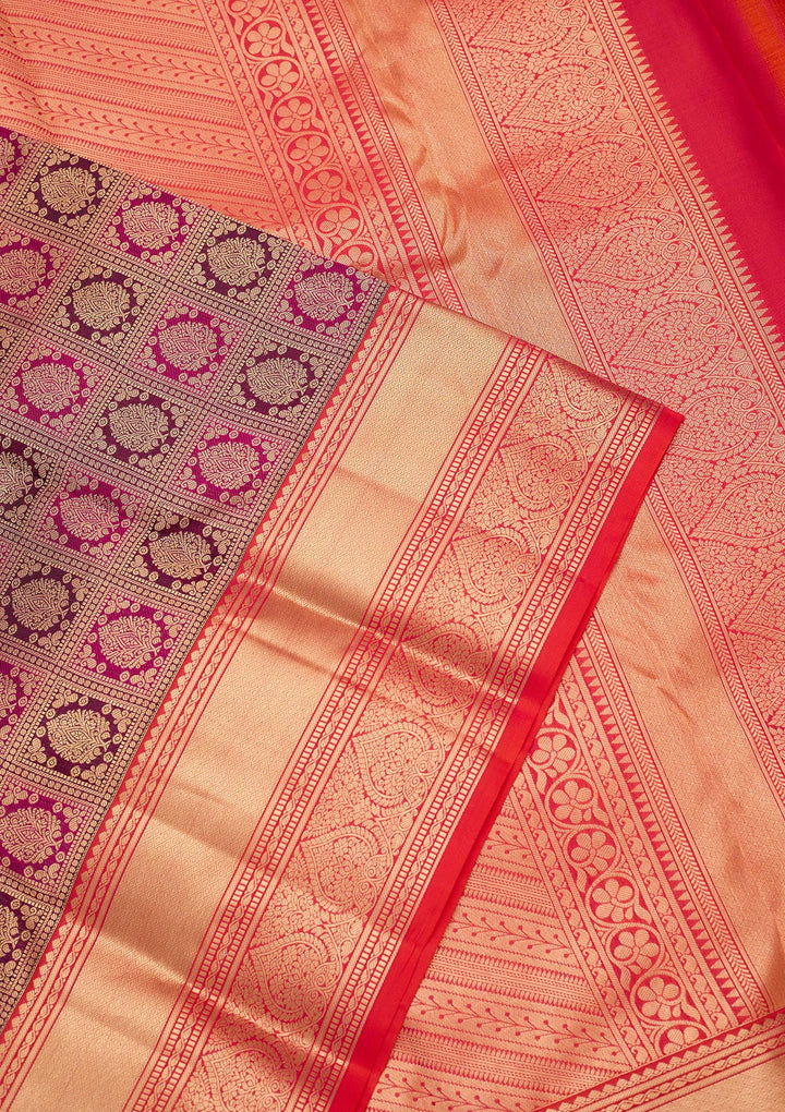 Wine Silk Checks Saree With Matching Blouse Piece