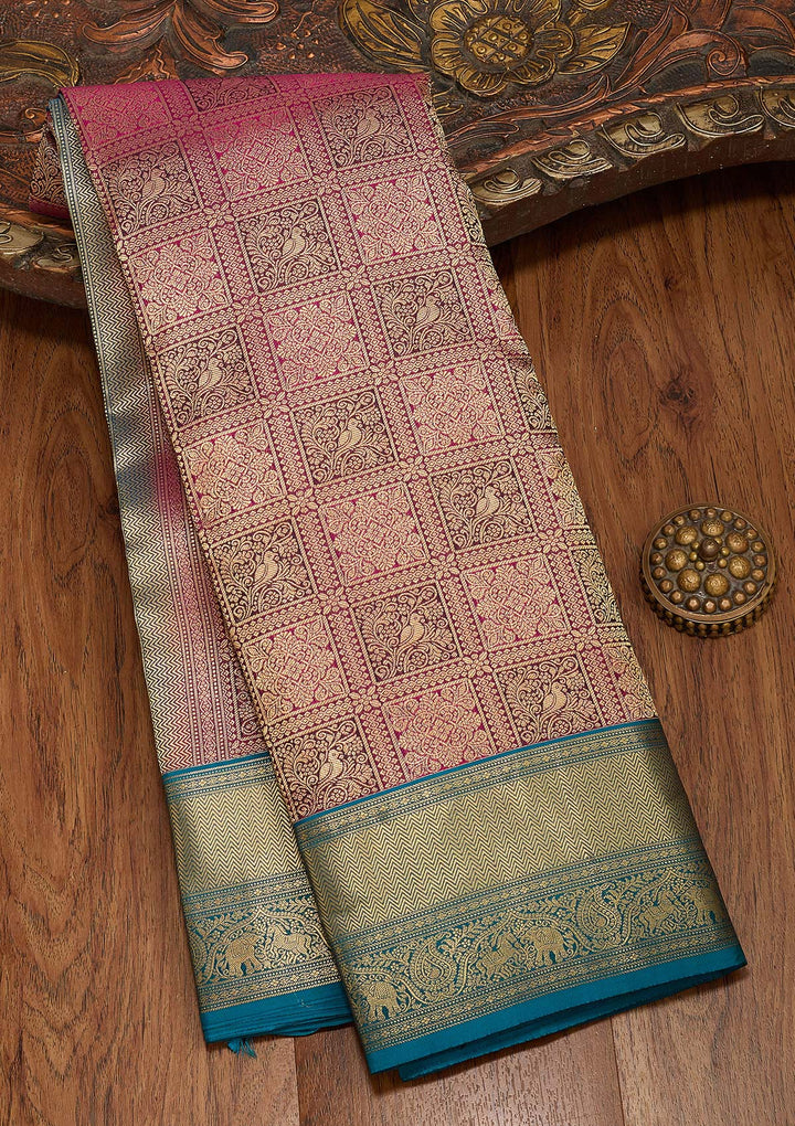 Rani Pink Silk Checks Saree With Matching Blouse Piece