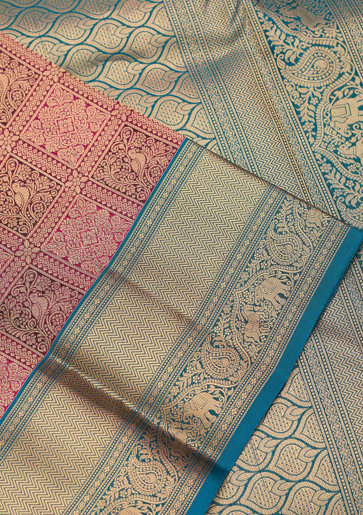 Rani Pink Silk Checks Saree With Matching Blouse Piece