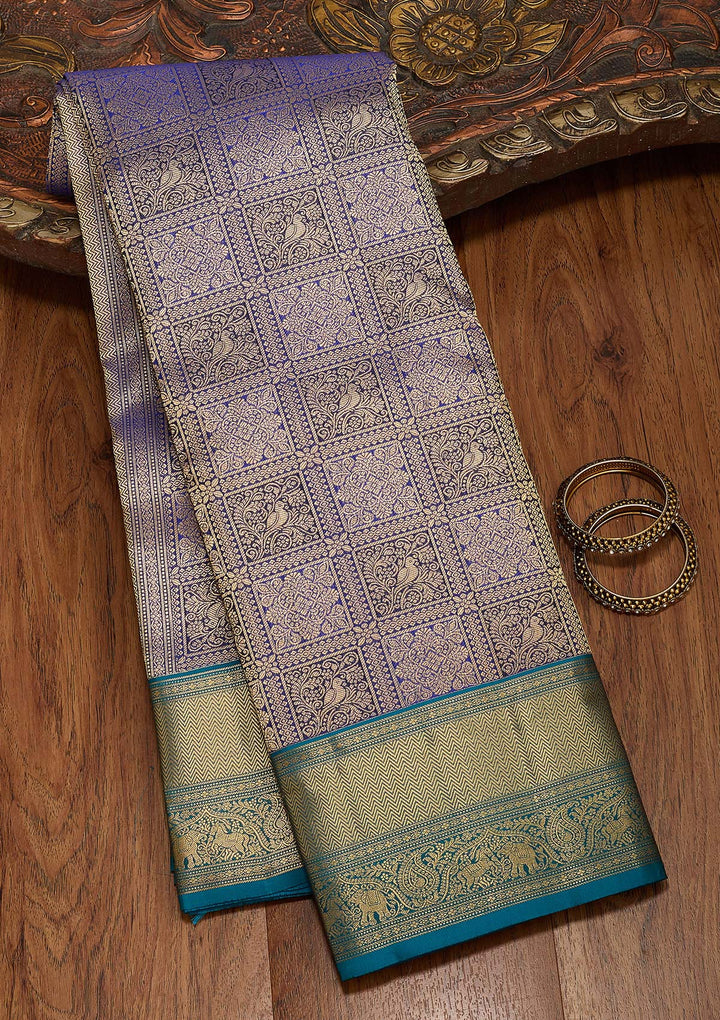 Royal Blue Silk Checks Saree With Matching Blouse Piece