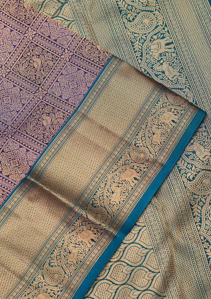 Royal Blue Silk Checks Saree With Matching Blouse Piece
