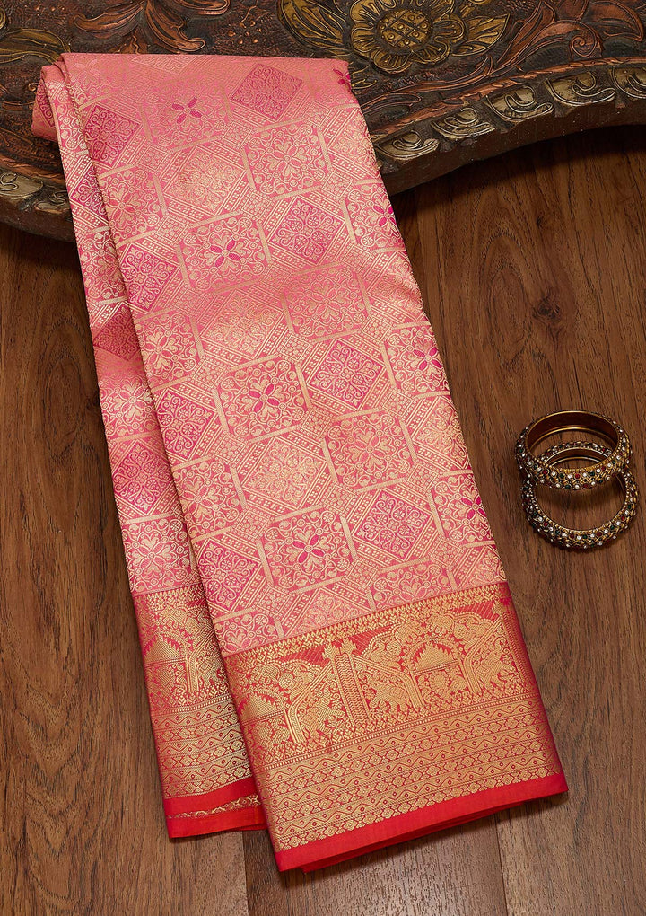 Onion Pink Pure Silk Jaal Zariwork Saree With Matching Blouse Piece