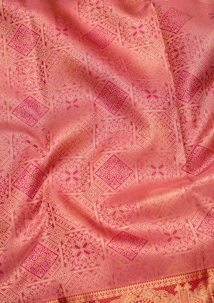 Onion Pink Pure Silk Jaal Zariwork Saree With Matching Blouse Piece
