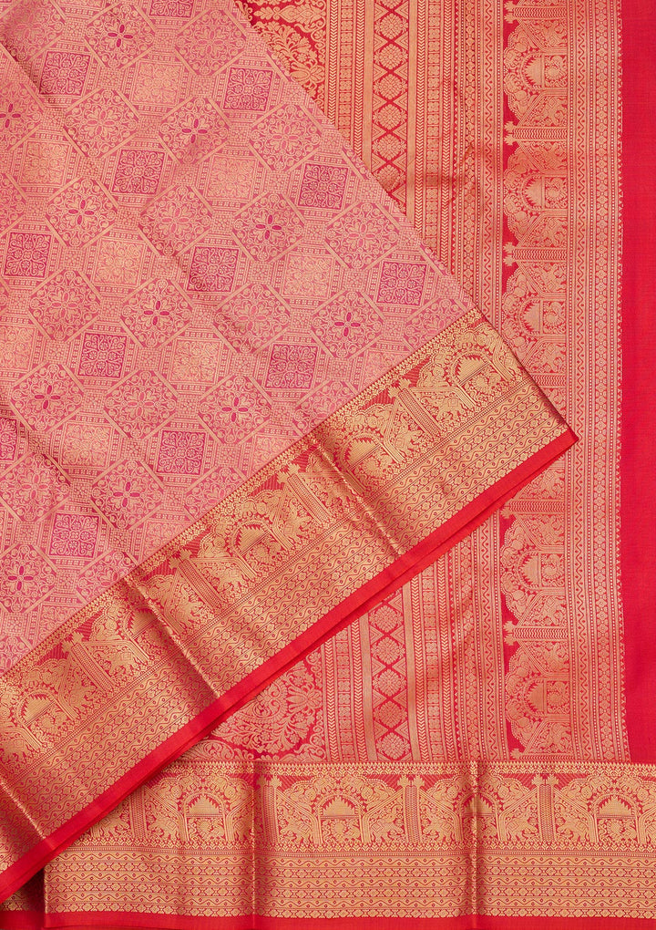 Onion Pink Pure Silk Jaal Zariwork Saree With Matching Blouse Piece