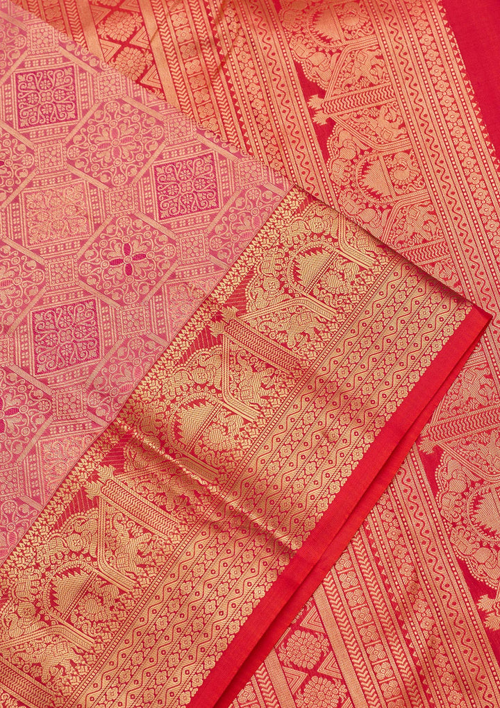 Onion Pink Pure Silk Jaal Zariwork Saree With Matching Blouse Piece