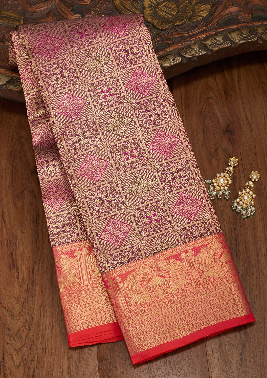 Wine Silk Jaal Saree With Matching Blouse Piece