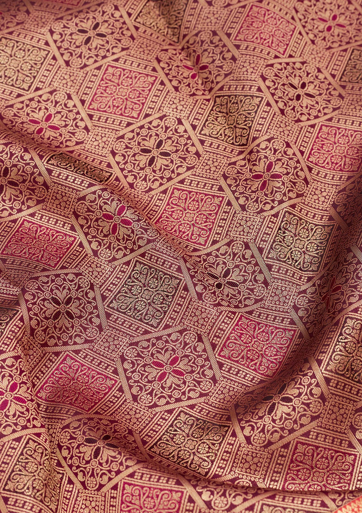 Wine Silk Jaal Saree With Matching Blouse Piece