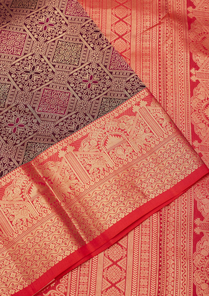Wine Silk Jaal Saree With Matching Blouse Piece