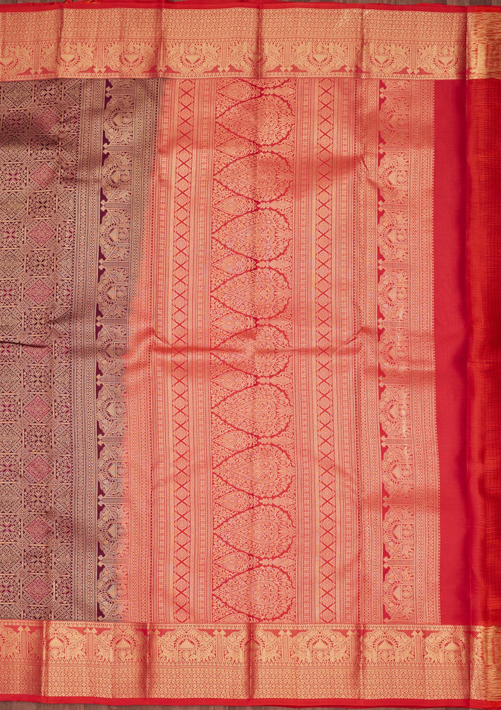 Wine Silk Jaal Saree With Matching Blouse Piece