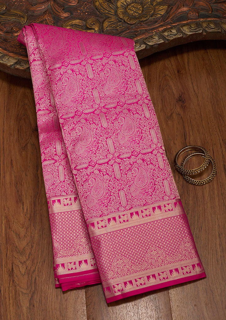 Rani Pink Silk Jaal Gold Zariwork Saree With Matching Blouse Piece