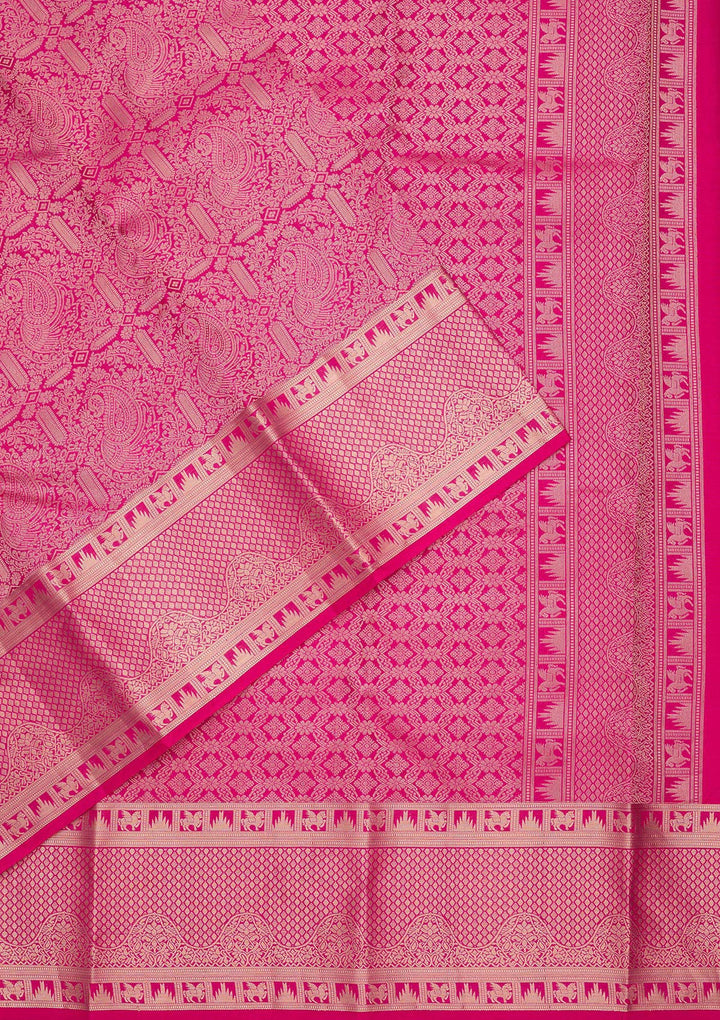 Rani Pink Silk Jaal Gold Zariwork Saree With Matching Blouse Piece