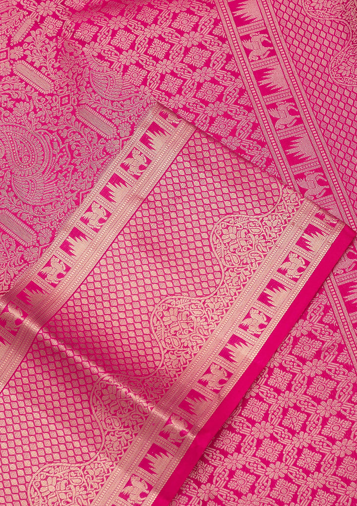 Rani Pink Silk Jaal Gold Zariwork Saree With Matching Blouse Piece