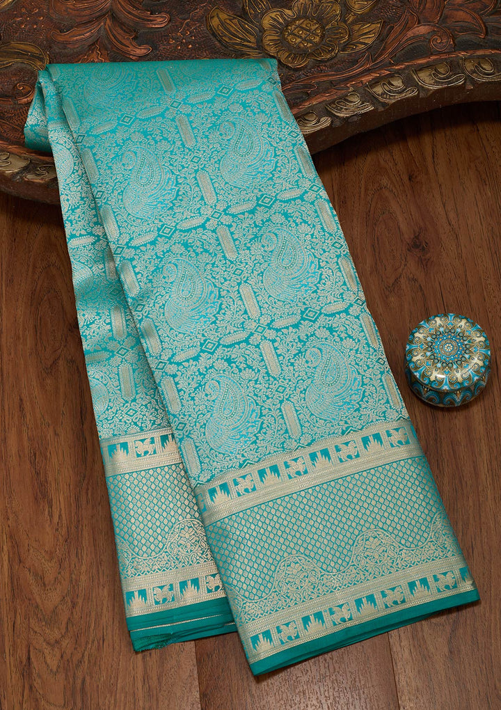 Sea Green Silk Jaal Saree With Matching Blouse Piece