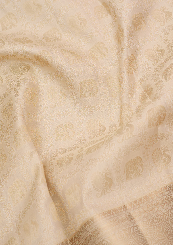 Cream Pure Silk Jaal Zariwork Saree With Matching Blouse Piece