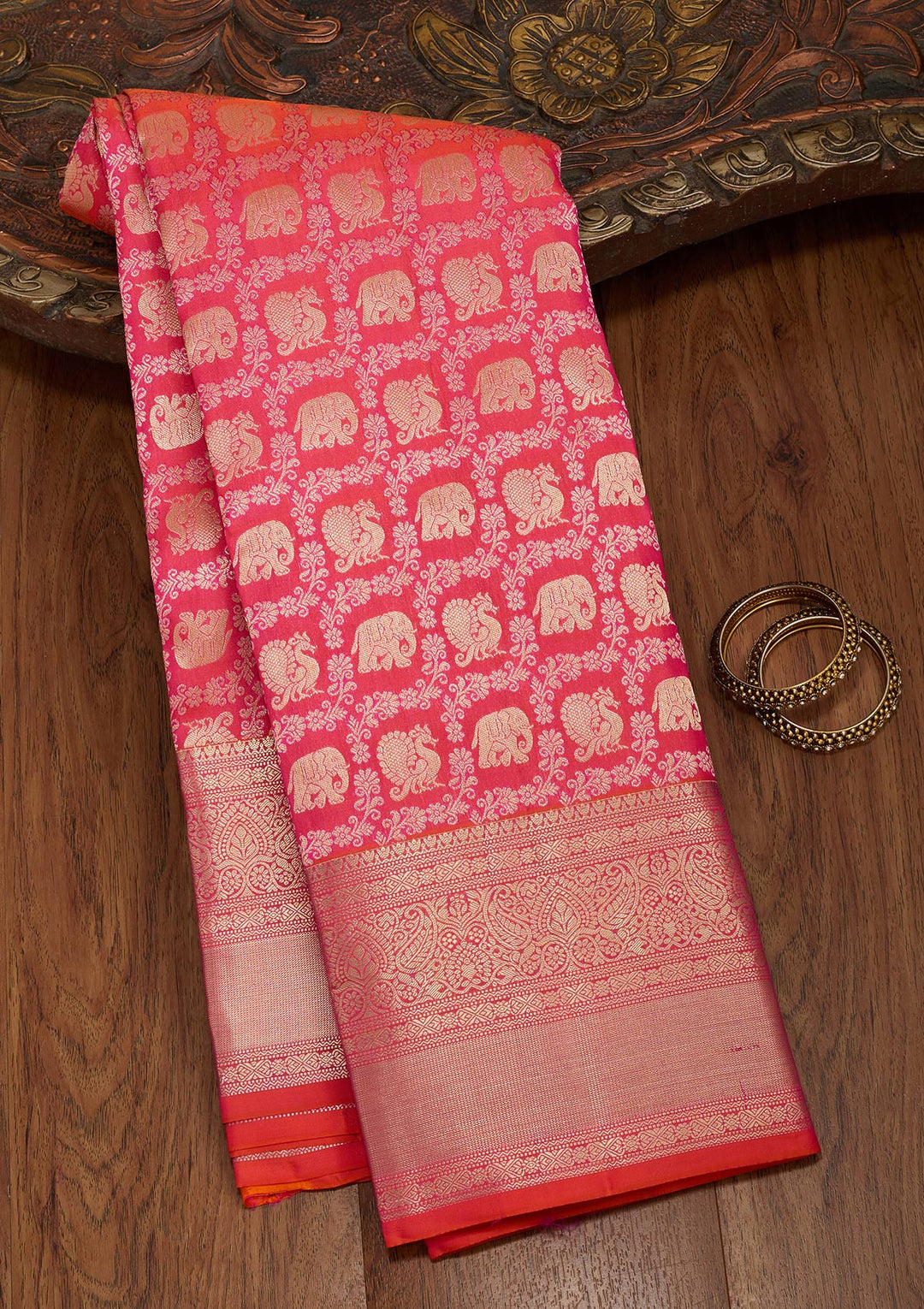 Orange Silk Jaal Saree With Matching Blouse Piece