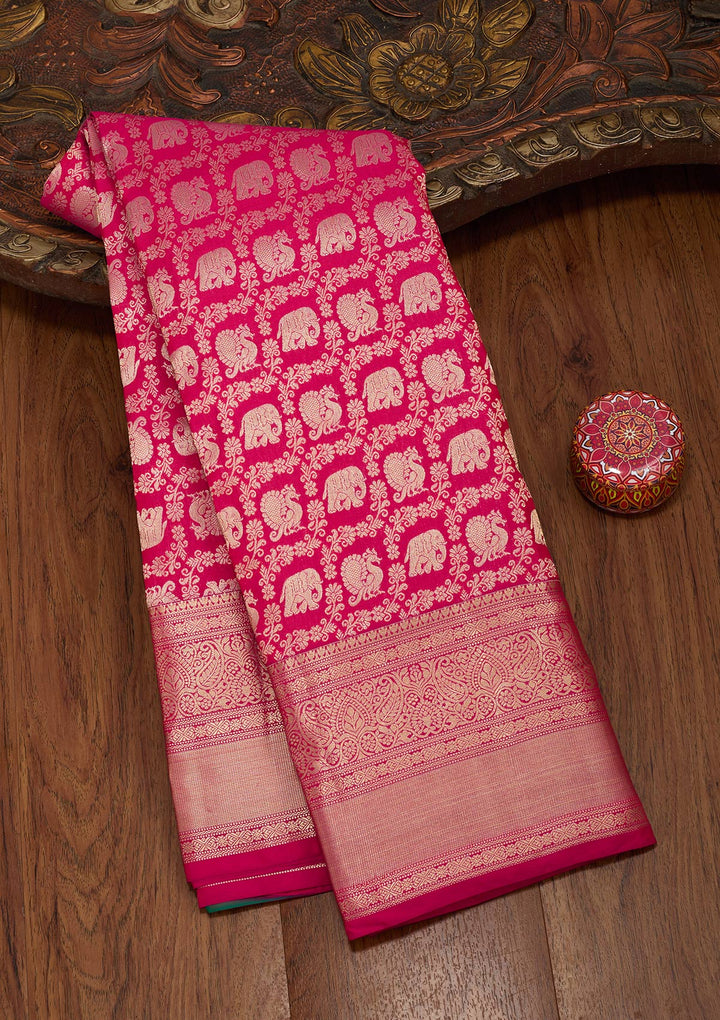 Rani Pink Pure Silk Jaal Zariwork Saree With Matching Blouse Piece