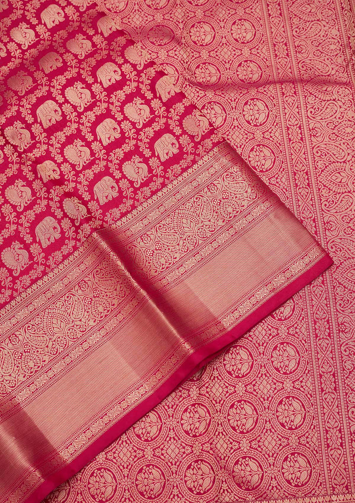 Rani Pink Pure Silk Jaal Zariwork Saree With Matching Blouse Piece