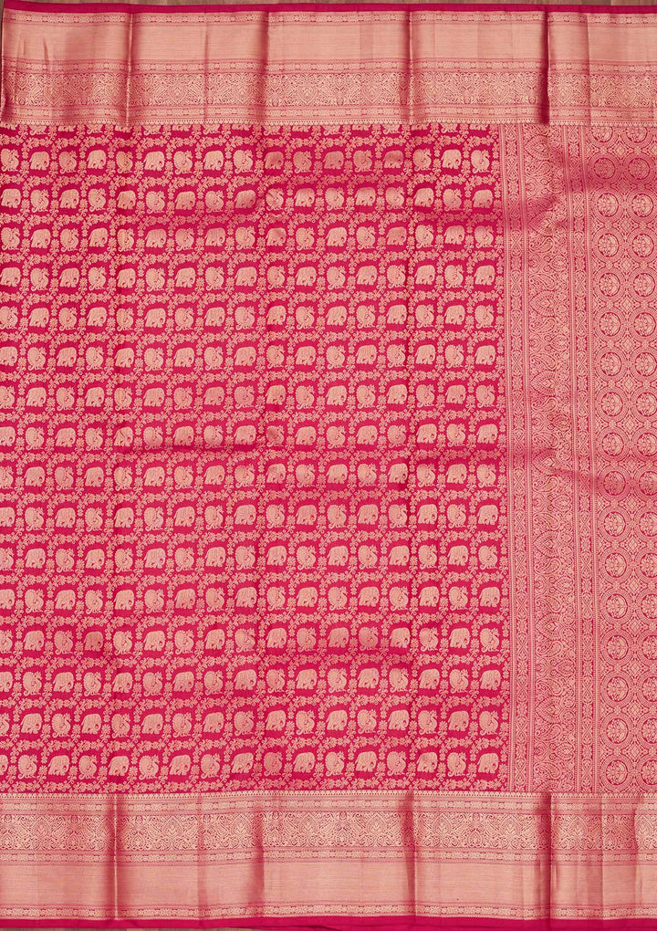 Rani Pink Pure Silk Jaal Zariwork Saree With Matching Blouse Piece