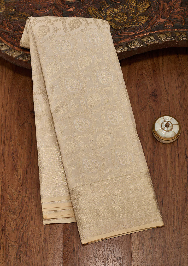 Cream Pure Silk Jaal Zariwork Saree With Matching Blouse Piece