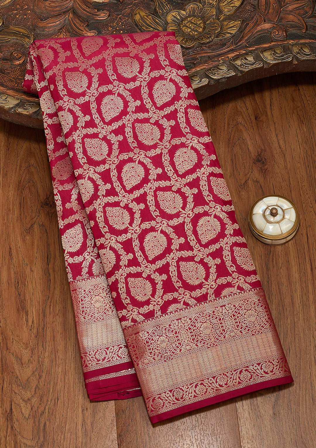 Maroon Pure Silk Jaal Zariwork Saree With Matching Blouse Piece