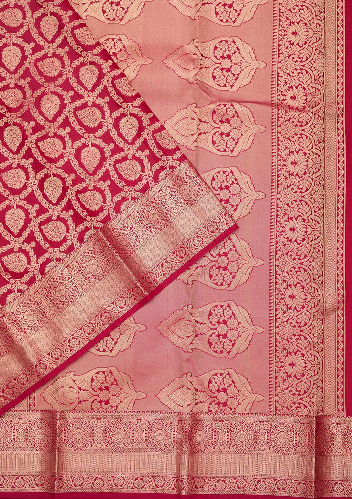 Maroon Pure Silk Jaal Zariwork Saree With Matching Blouse Piece