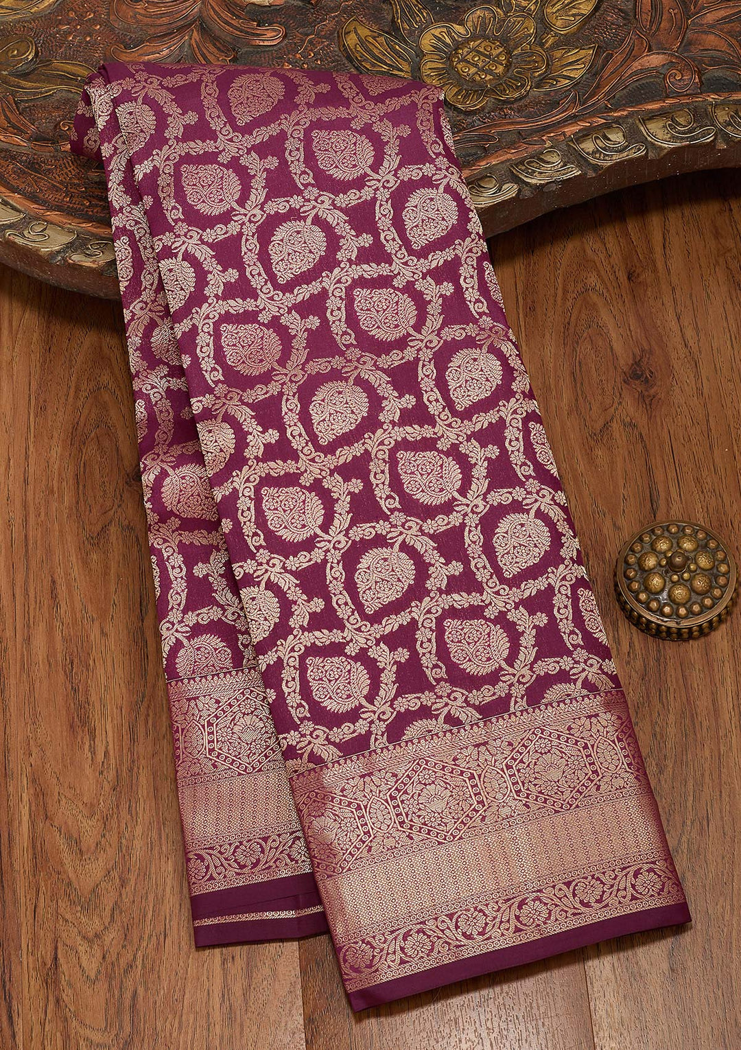 Wine Silk Jaal Saree With Matching Blouse Piece