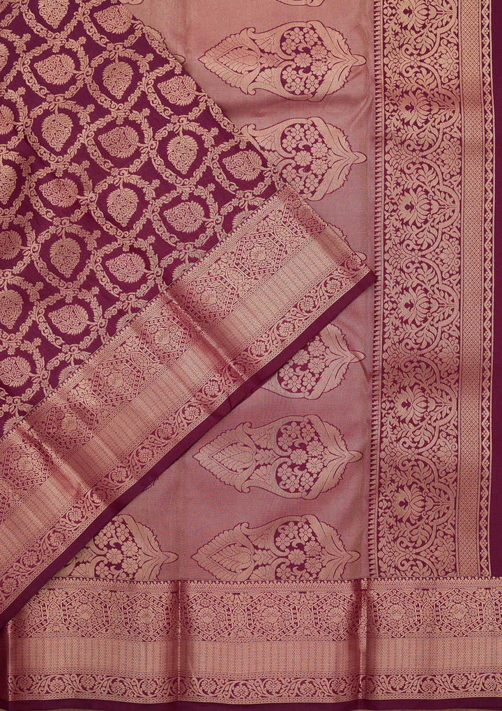 Wine Silk Jaal Saree With Matching Blouse Piece