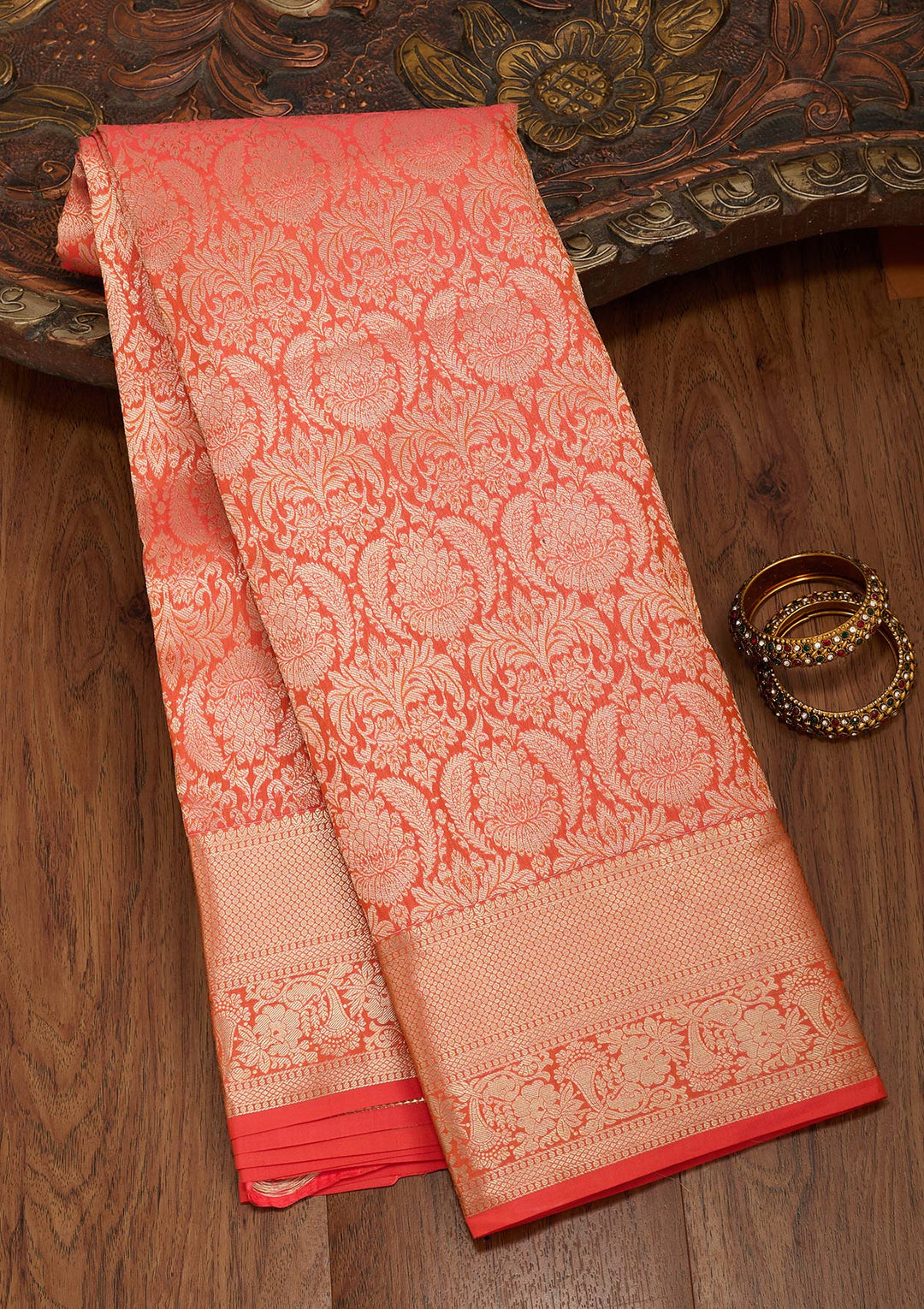 Orange Silk Jaal Saree With Matching Blouse Piece