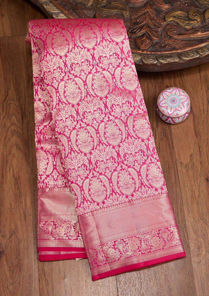 Rani Pink Silk Jaal Silver Zariwork Saree With Matching Blouse Piece