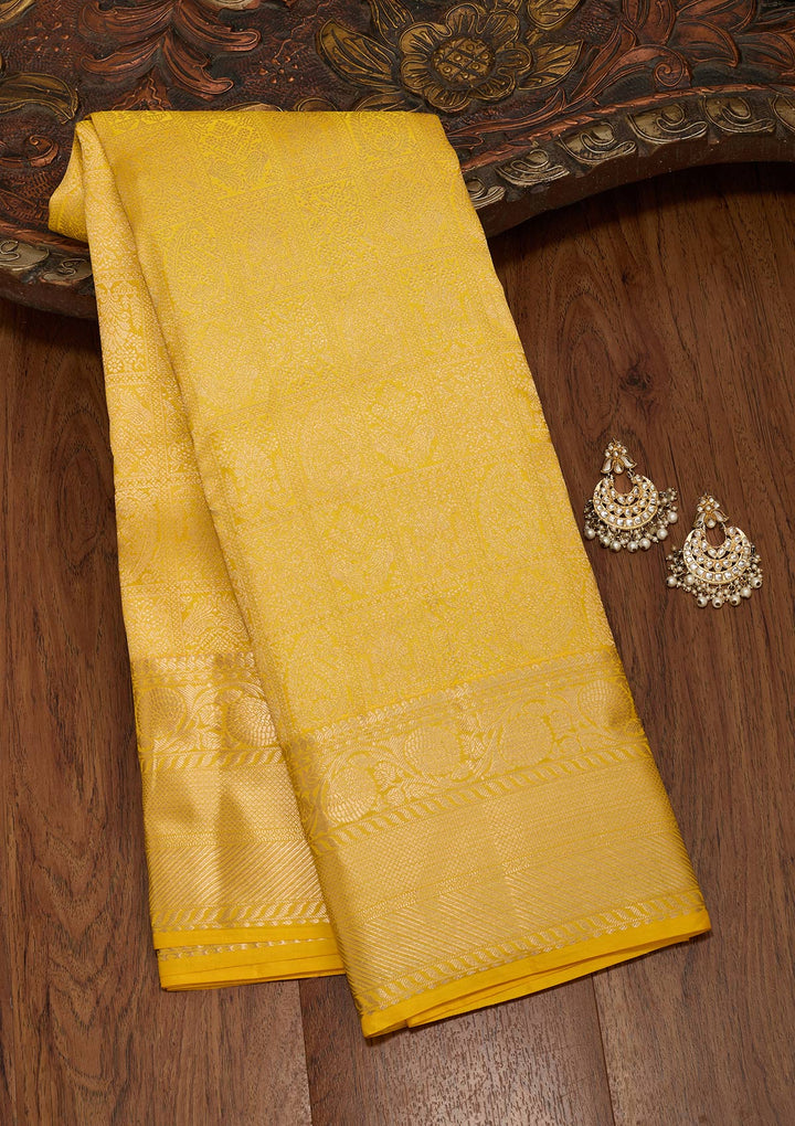 Yellow Pure Silk Jaal Zariwork Saree With Matching Blouse Piece