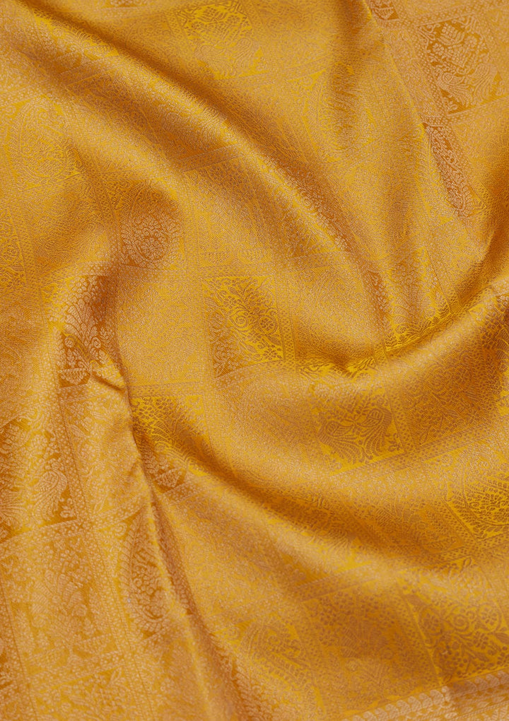 Yellow Pure Silk Jaal Zariwork Saree With Matching Blouse Piece