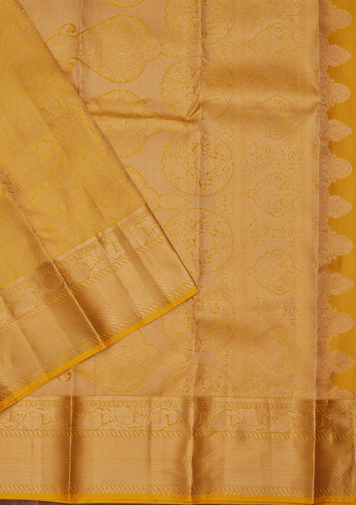 Yellow Pure Silk Jaal Zariwork Saree With Matching Blouse Piece