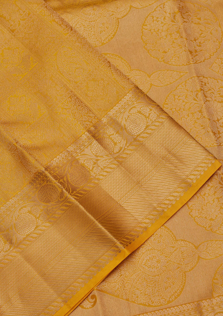 Yellow Pure Silk Jaal Zariwork Saree With Matching Blouse Piece