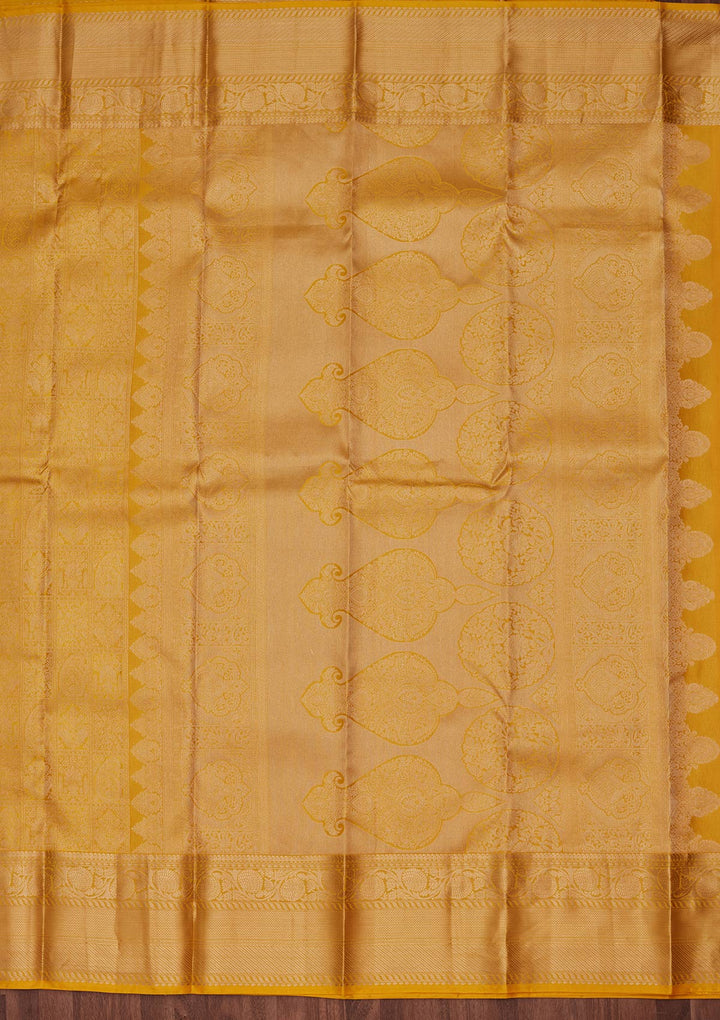Yellow Pure Silk Jaal Zariwork Saree With Matching Blouse Piece