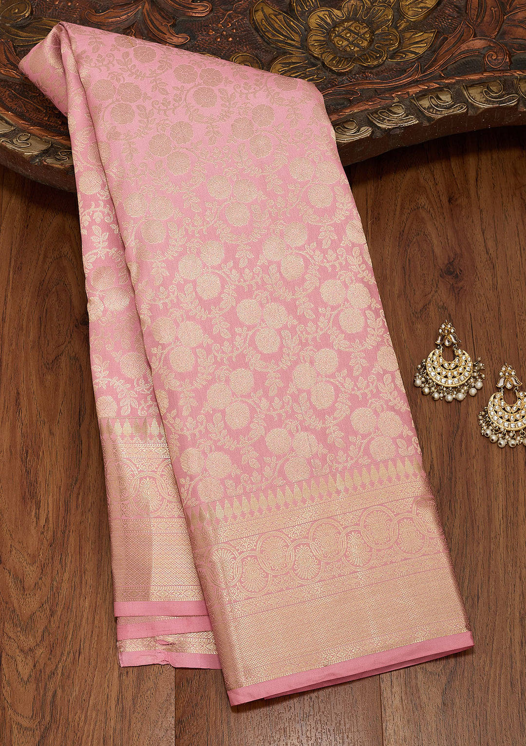 Onion Pink Silk Jaal Saree With Matching Blouse Piece