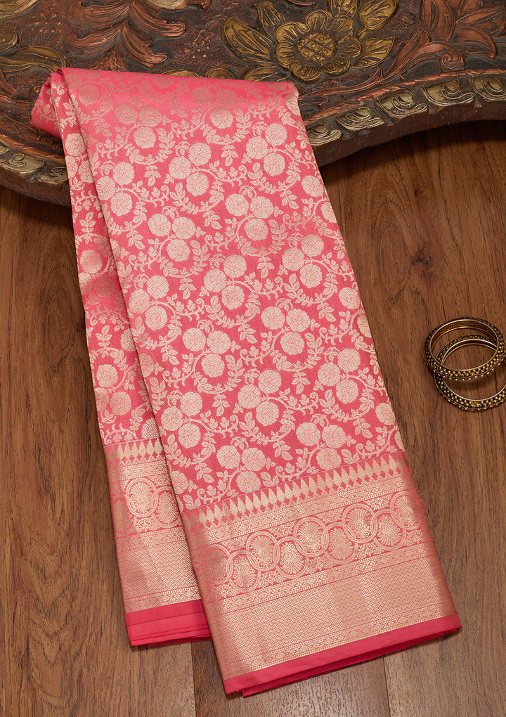 Pink Pure Silk Jaal Zariwork Saree With Matching Blouse Piece
