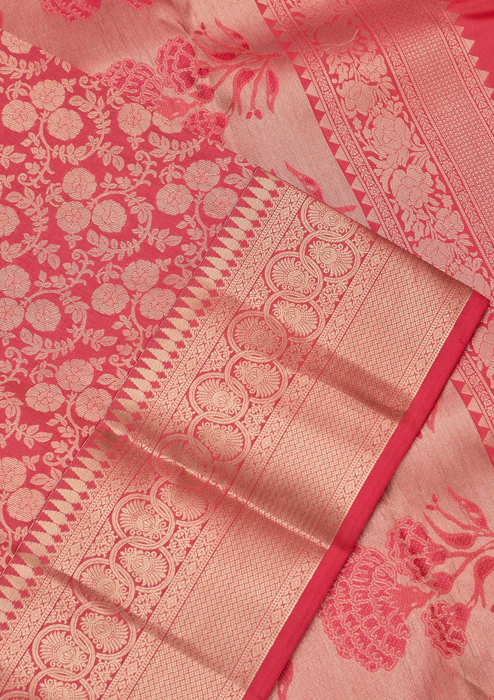 Pink Pure Silk Jaal Zariwork Saree With Matching Blouse Piece