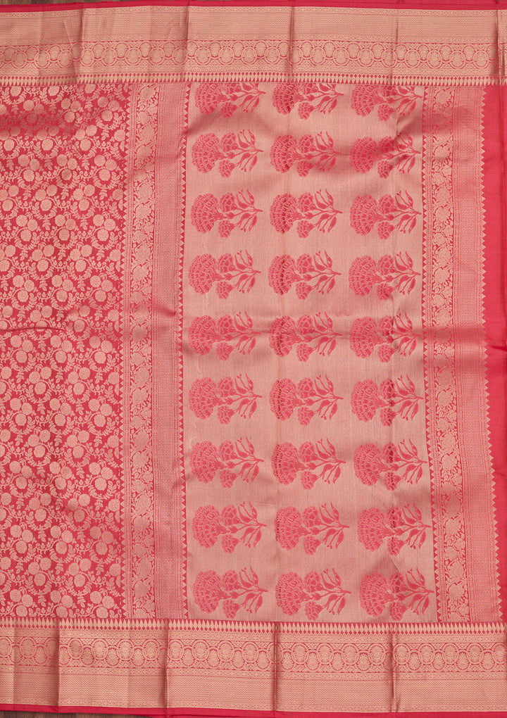 Pink Pure Silk Jaal Zariwork Saree With Matching Blouse Piece