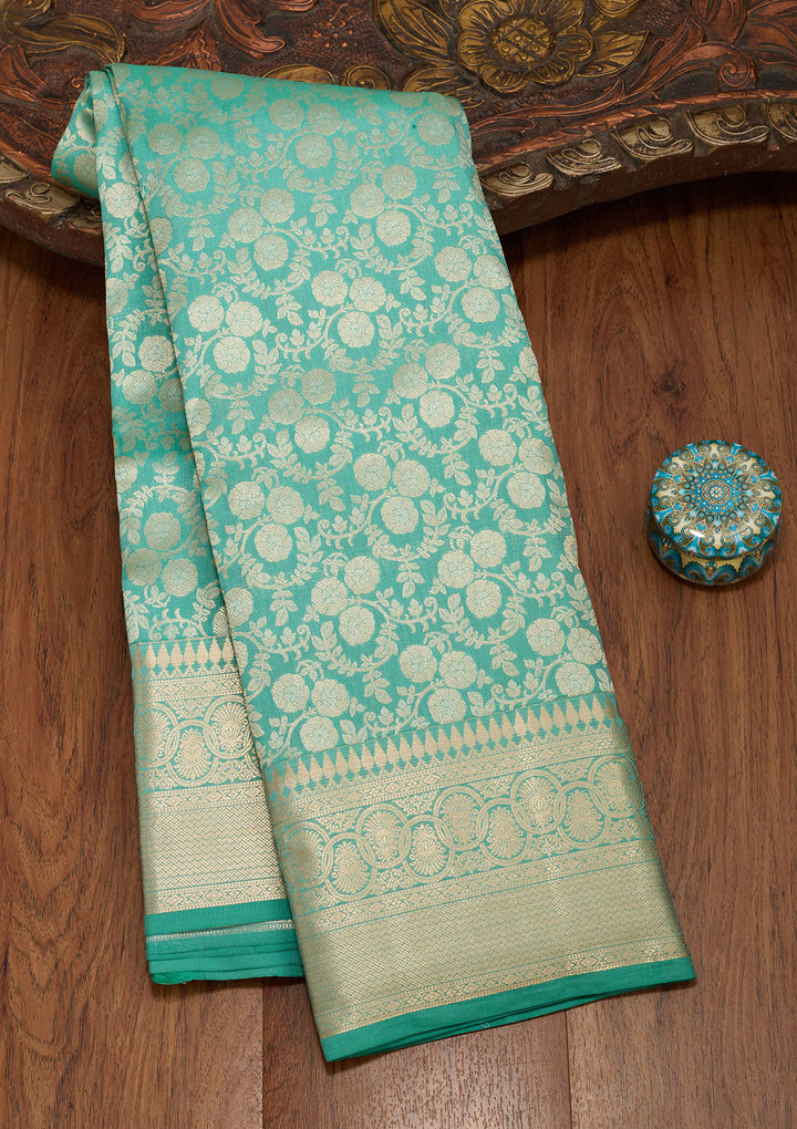 Sea Green Pure Silk Jaal Zariwork Saree With Matching Blouse Piece