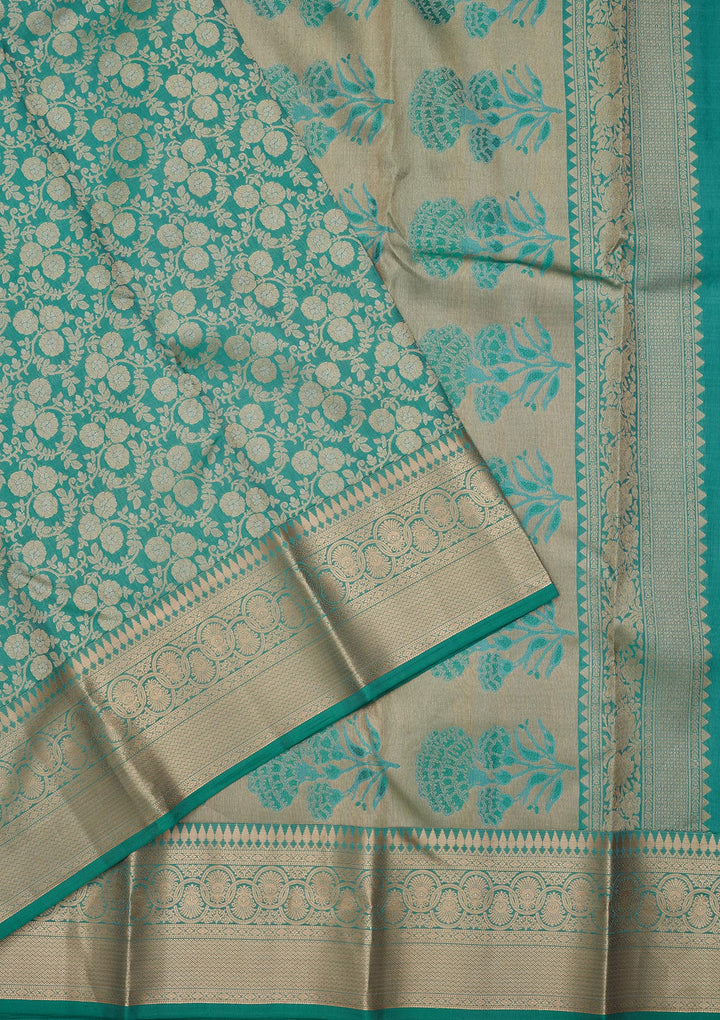 Sea Green Pure Silk Jaal Zariwork Saree With Matching Blouse Piece