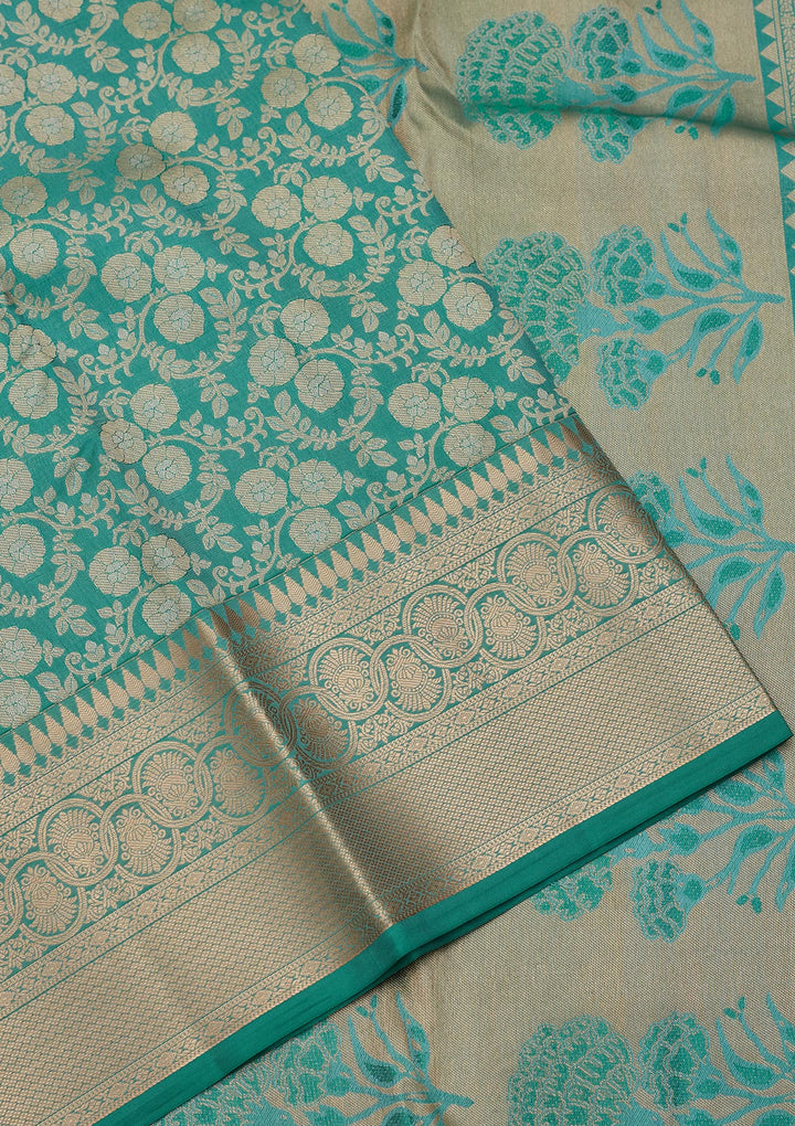 Sea Green Pure Silk Jaal Zariwork Saree With Matching Blouse Piece