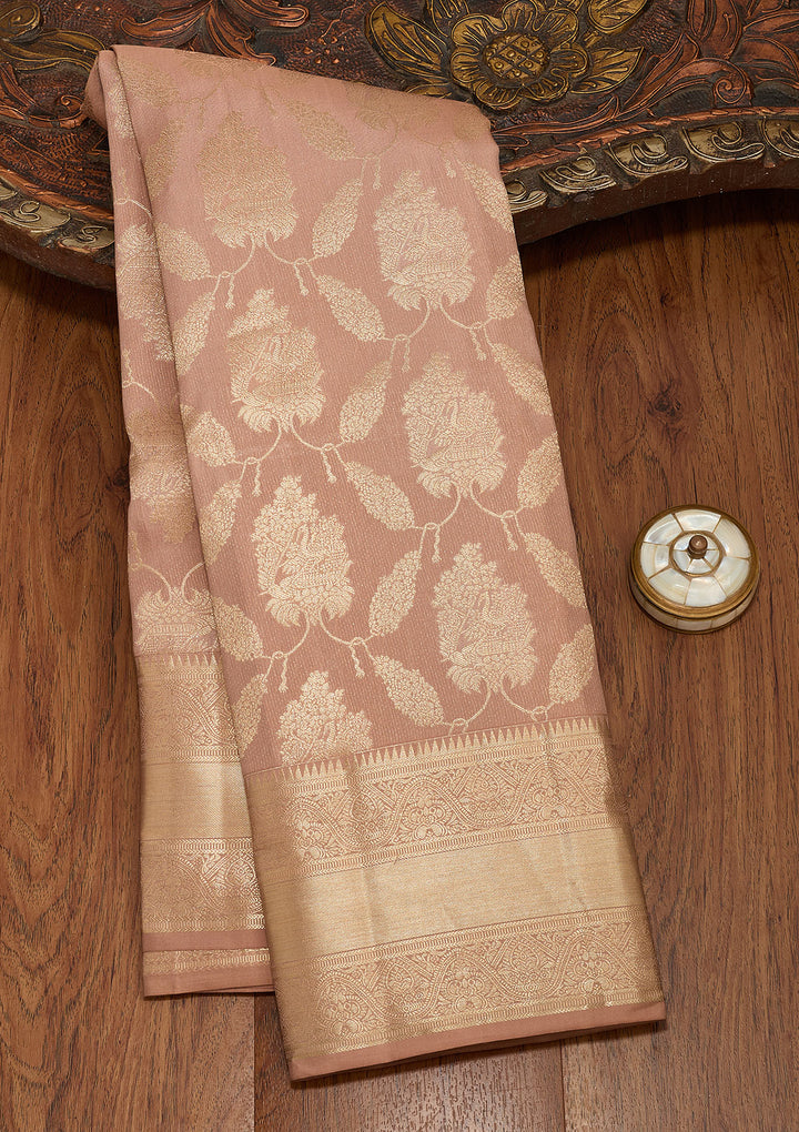 Beige Pure Silk Jaal Zariwork Saree With Matching Blouse Piece