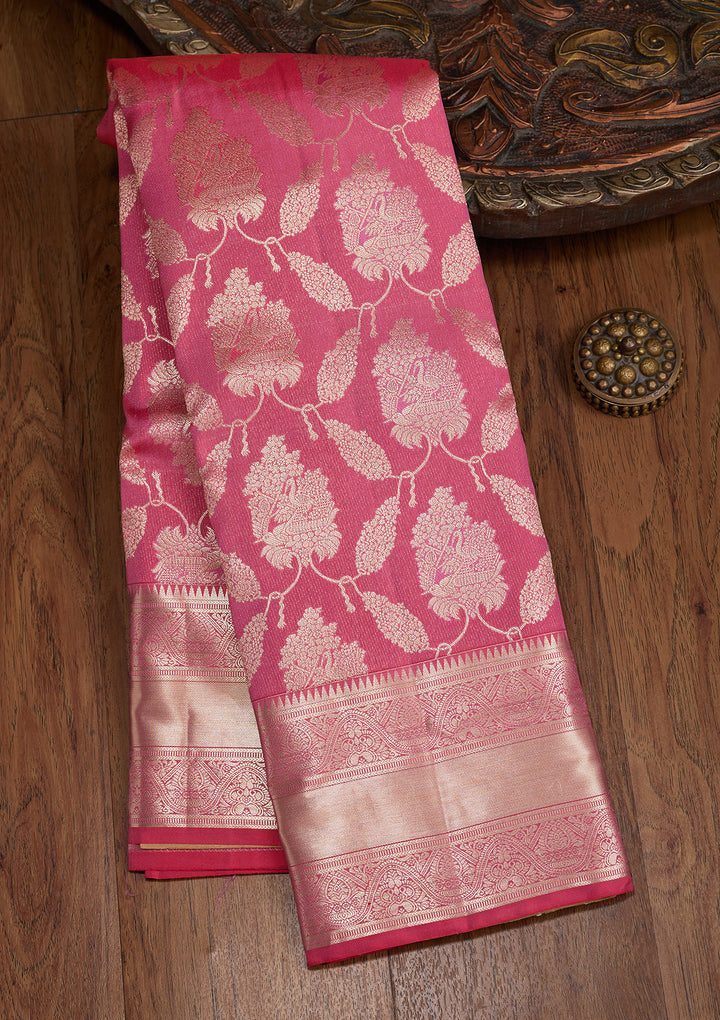 Pink Silk Jaal Gold Zariwork Saree With Matching Blouse Piece
