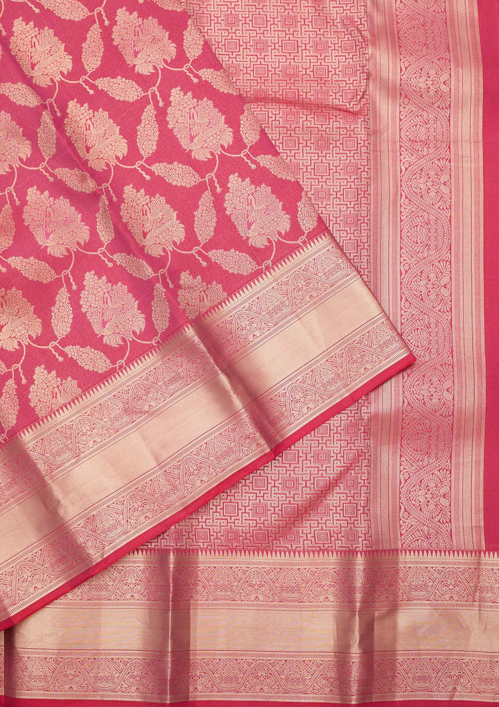 Pink Silk Jaal Gold Zariwork Saree With Matching Blouse Piece