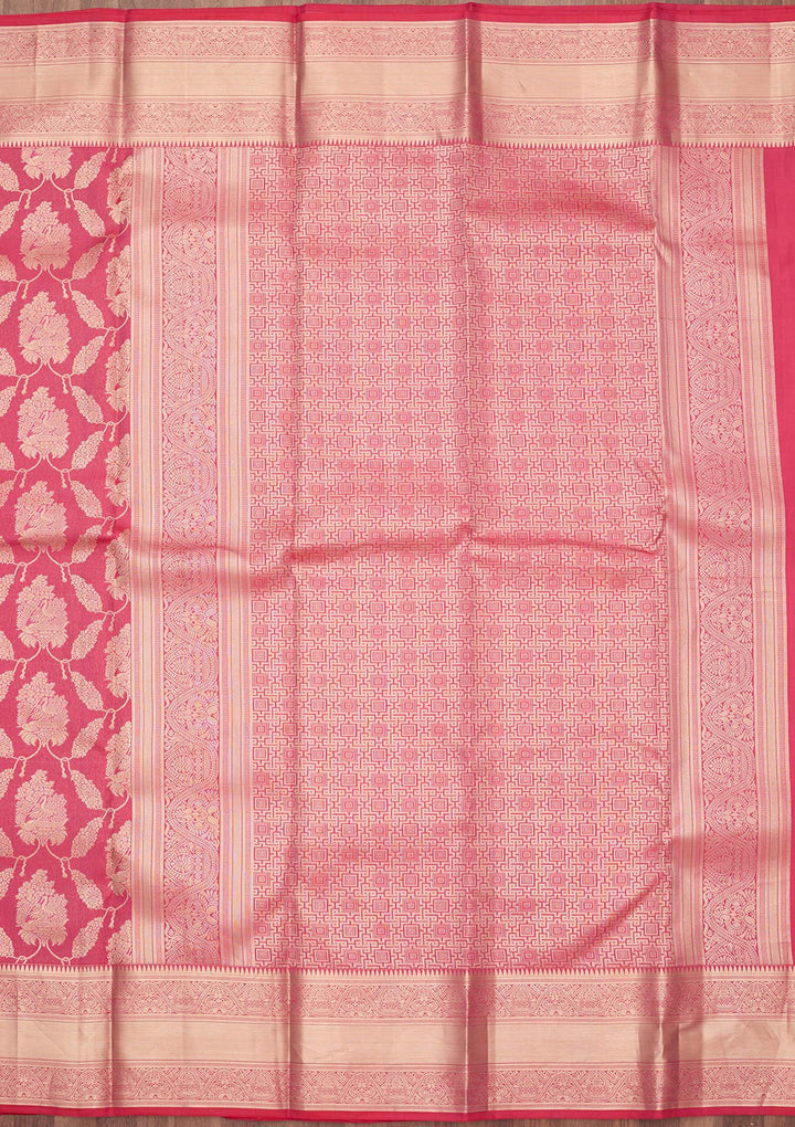 Pink Silk Jaal Gold Zariwork Saree With Matching Blouse Piece