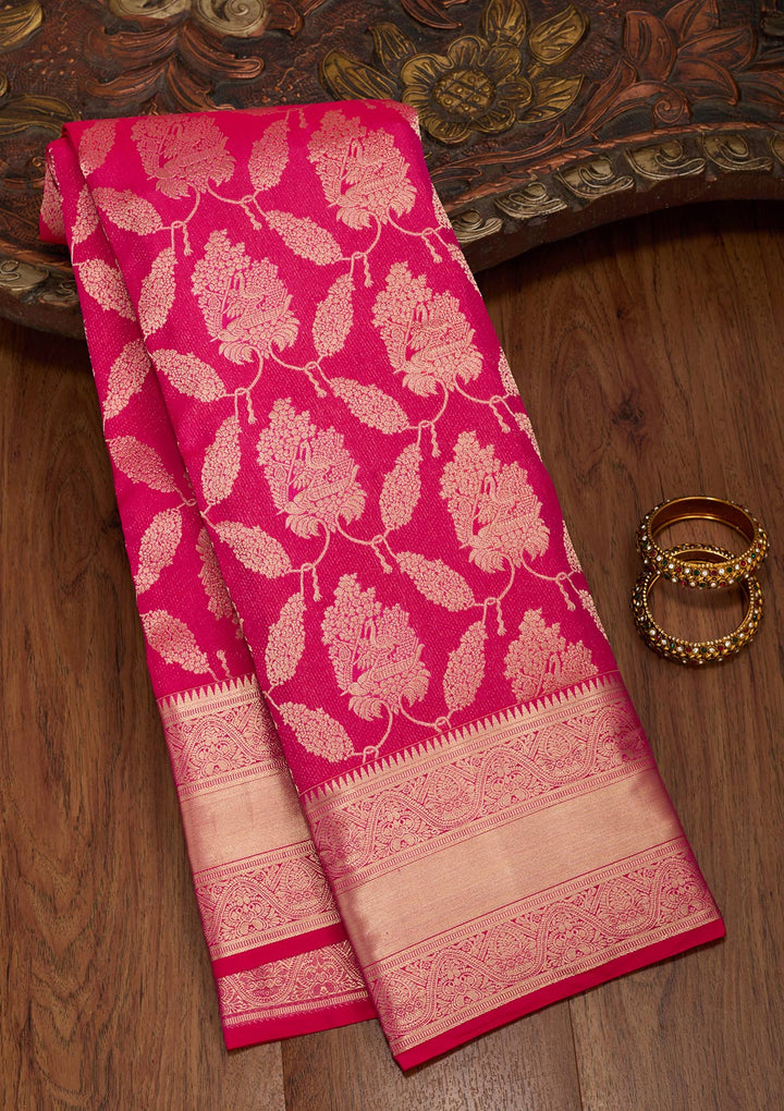 Rani Pink Pure Silk Jaal Zariwork Saree With Matching Blouse Piece