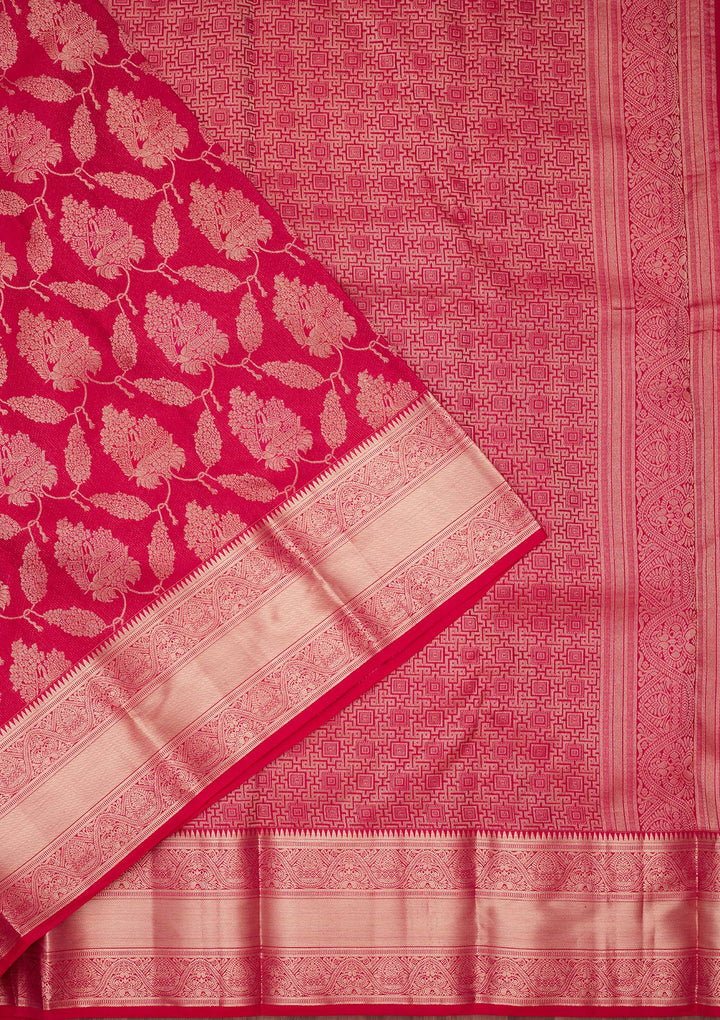 Rani Pink Pure Silk Jaal Zariwork Saree With Matching Blouse Piece