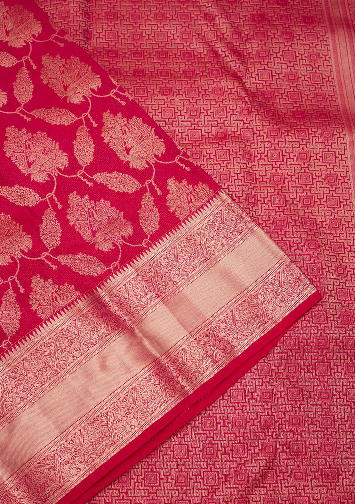 Rani Pink Pure Silk Jaal Zariwork Saree With Matching Blouse Piece